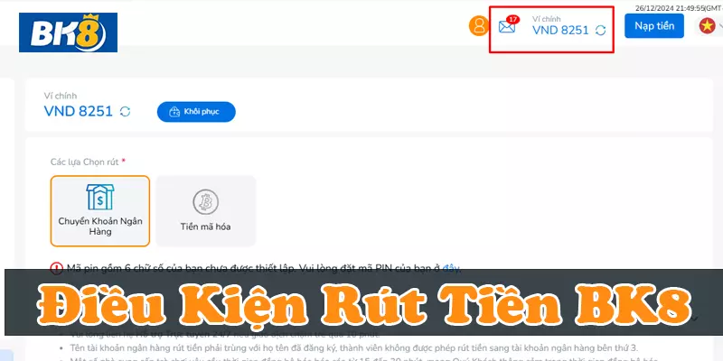 Đảm bảo đủ số dư khi rút tiền BK8